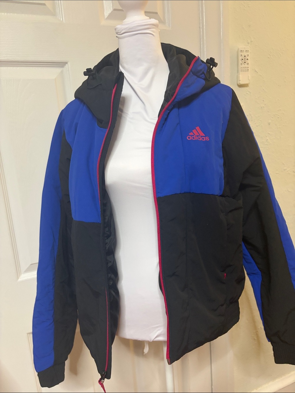 adidas Women's Royal Blue & Black Puffer Jacket with Pink Trim